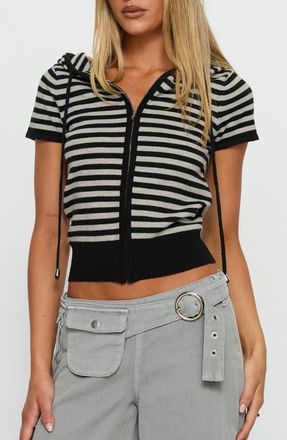 Princess Polly Kahlee Stripe Short Sleeve Zip Hoodie in Grey /Black Stripe at Nordstrom, Size 12