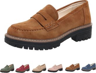 Generic Womens Plus Size Casual Retro Suede Loafers,with Chunky Heel Platform,Comfortable Slip on Work (Brown,6.5)