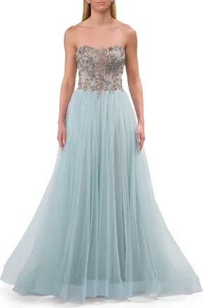 La Femme A-line Tulle Prom Dress with Stunning Floral Beaded Design in Dusty Blue at Nordstrom, Size 10