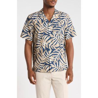 Original Penguin Palm Leaf Print Seersucker Camp Shirt in Sargasso Sea at Nordstrom Rack, Size Xx-Large