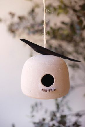 Kalalou Hanging Clay Birdhouse With Carved Wooden Bird Detail