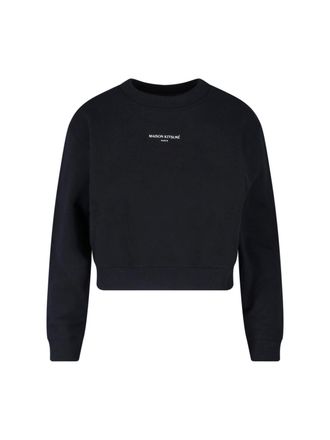 Maison Kitsun&eacute; Black Cropped Crewneck Cotton Logo Sweatshirt