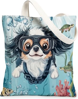 Generic Pop Art Springer Spaniel Dog Canvas Tote Bag for Shopping 13x15, Ocean Sea Nautical Puppy Reusable Grocery Print Bag for Women, Fun Pet Beach Aestheti