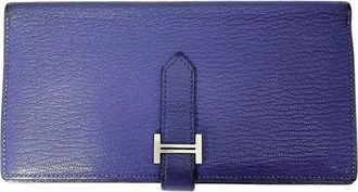 Herm&egrave;s Blue Chevre Leather Long Wallet (Bi-Fold) (Pre-Owned)