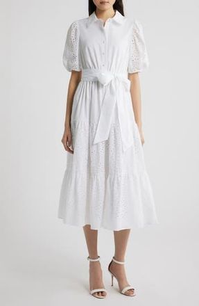 Anne Klein Eyelet Tie Waist Puff Sleeve Midi Dress in Crisp White at Nordstrom Rack, Size 10P