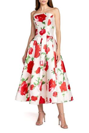 Mac Duggal Strapless Floral Printed A Line Midi Dress in Rose Multi at Nordstrom, Size 10