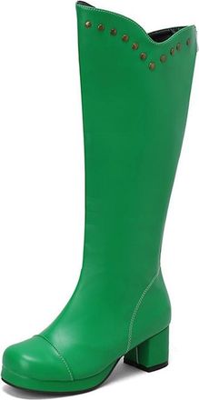 Generic Womens Goth Knee High Riding Boots Fashion Studded Decor Square Toe Block Heels Punk Shoes with Back Zipper (7.5,Green)