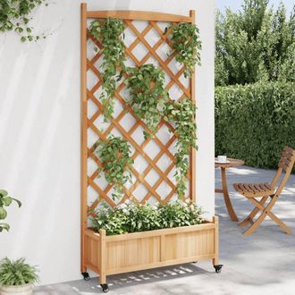 Berkfield Home Planter with Trellis & Wheels Brown Solid Wood Fir