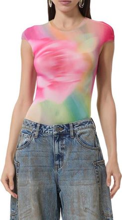 AFRM Nina Print Cap Sleeve Mesh Top in Green Rose at Nordstrom, Size X-Small