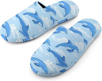 Generic Dolphins Pattern Cute Flannel Mens Slip-on Slippers Winter Warm House Shoes with Rubber Sole for Home Hotel