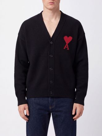 Ami V-Neck Pure Wool Cardigan with Contrast Logo