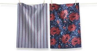 Tag Set of 2 Bright Red Dahlia Kitchen Dishtowels Blue Stripe in Multicolored at Nordstrom