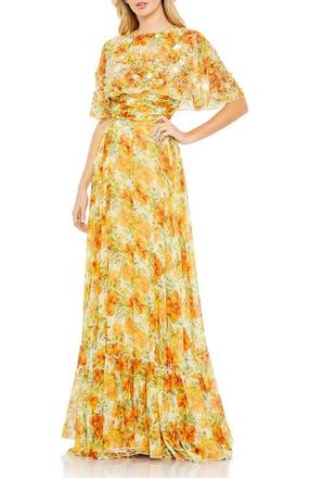 Mac Duggal Floral Print High Neck Cape Sleeve A Line Gown in Yellow Multi at Nordstrom, Size 24