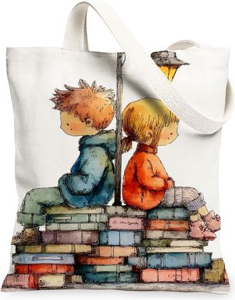 Generic Fanciful Canvas Tote Bags, Kids Illustration Pattern Reusable Grocery Bags, Vintage Lightweight Washable Shoulder Strap for, White, 13x15 Inch