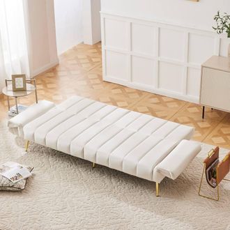 Merax Modern Convertible Velvet Sofa Bed with Adjustable Back & Armrests in Beige