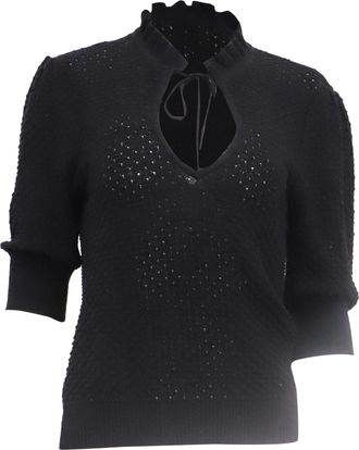Ganni Ganni Knitted Ruffled Blouse in Black Linen
