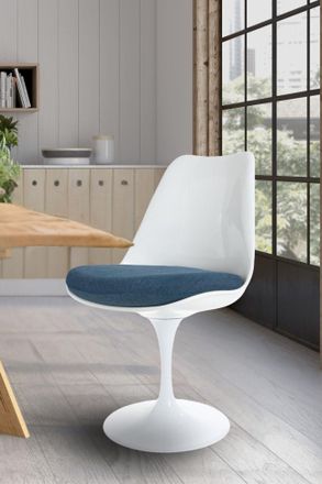 Fusion Living White Tulip Dining Chair with Velveteen Cushion in Navy