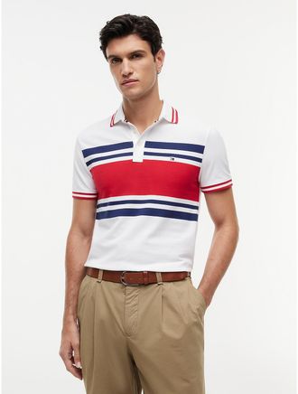 Tommy Hilfiger Mens Slim Fit Block Stripe Stretch Pique Polo - White - XXXL