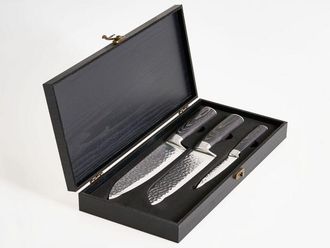 Beliani Set di 3 coltelli durezza 62 HRC acciaio inossidabile damasco marrone scuro Kashiwa