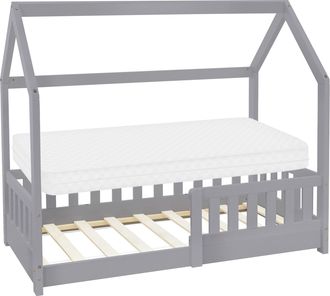 ML Design Ml-design - Cama Infantil Gris Con Colch&oacute;n De Espuma Fr&iacute;a 70x140 Cm Protecci&oacute;n Antica&iacute;da Techo Somier Estructura Listones De Madera Maciza De Pino Par