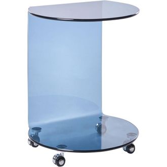 Beliani Mesa Auxiliar Minimalista De Vidrio Templado 57 X 45 Cm Con Ruedas Azul Minto