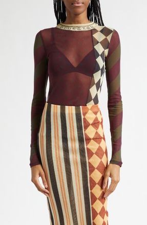 Jean Paul Gaultier Checkerboard Long Sleeve Mesh Top in Burgundy Multicolor at Nordstrom, Size X-Small