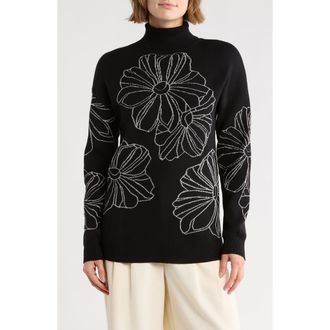 Joseph A Placed Floral Oversize Turtleneck Sweater in Floral Outline Blk at Nordstrom Rack, Size Medium