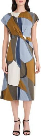 Maggy London Abstract Print Twist Detail Midi Dress in Slate Blue/Navy at Nordstrom Rack, Size 10