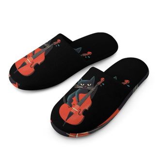 Generic Black Cat Playing Violoncello Mens House Slippers Slip Indoor Slipper On Shoes Warm Outdoor