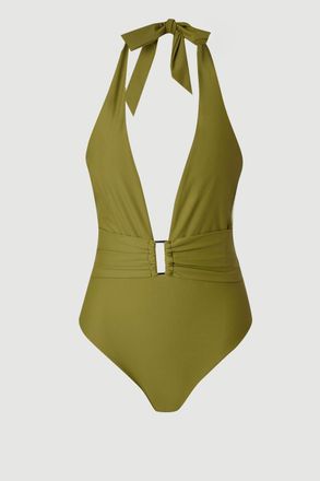 Karen Millen Womens Halter Neck Hardware Detail Plunge Swimsuit - Khaki Nylon - Size X-Small
