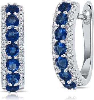 MAX + STONE 925 Sterling Silver Simulated Round Gemstone Hoop Earrings with Hinged Posts