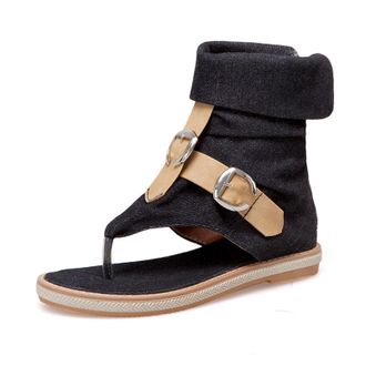 Generic Eestfy Womens Denim Ankle Wrap Gladiator Sandals Buckle Strap Thong Toe Flat Court Shoes Casual Dress Sandals Side Zipper Summer for City Travel & Dai