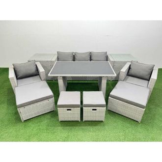 Fimous Patio Garden Furniture Sets with Black Glass Top Dining Table Armchair 3 Seater Sofa 2 Side Tables 4 Stools Light Grey - Fimous