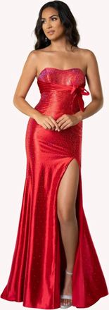 Rachel Allan Strapless Delicate Crystal Gown In Red