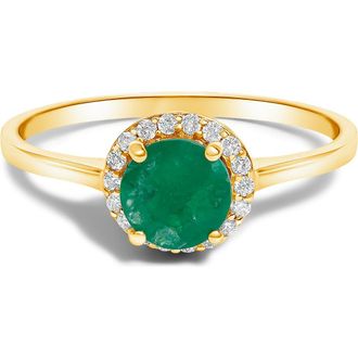 House of Brilliance 10K Gold Gemstone and 1/10 Cttw Diamond Halo Birthstone Ring in Yellow | Green Emerald at Nordstrom, Size 6.5
