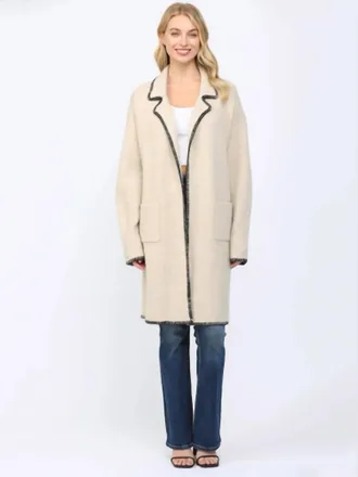 Fate Contrast Whipstitch Notched Collar Open Cardigan In Oatmeal