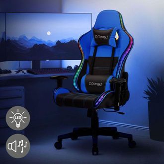 ML Design ML-Design Silla Gaming Azul Ergonómica con Iluminación LED RGB y Altavoces Bluetooth Asiento Giratorio PU Imitación Cuero Racing Gamer Ajustable en