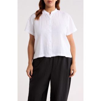 Eileen Fisher Mandarin Collar Short Sleeve Organic Linen Button-Up Shirt in White at Nordstrom, Size 1X