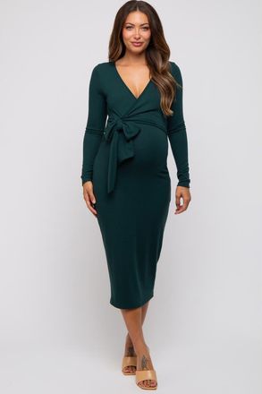 Pinkblush Ribbed Long Sleeve Wrap Dress in Forest Green at Nordstrom, Size Medium