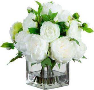 Nearly Natural Wedding Collection 13-in Peony and Camellia Artificial Arrangement in Glass Vase in Green/white at Nordstrom