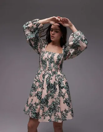 & Other Stories square neck mini dress with shirred bodice and peep cut-out back in floral print-Multi