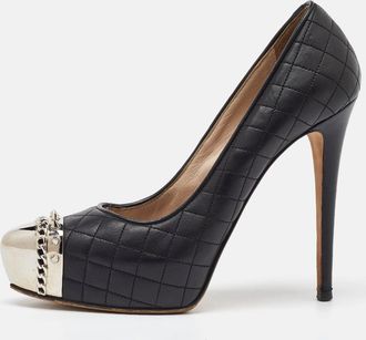 Le Silla Black Quilted Leather Metal Cap Toe Platform Pumps
