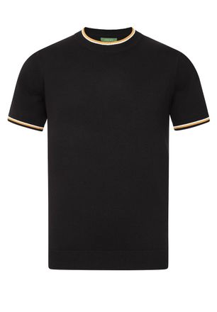 Generic Jago Mens Large Knitted T-Shirt, Cotton Blend, Crew Neck, Solid with Contrast Tipping, Casual, Heavy Knit, Regular Fit, Hip Length - Black