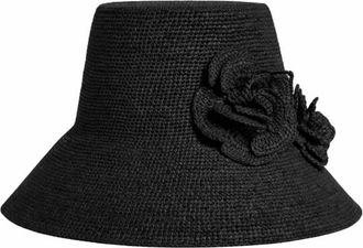 Liviana Conti Fedora van gehaakt raffia met aangebrachte rozen - Dames - Hoeden - Zwart - ONE Size - Accessoires