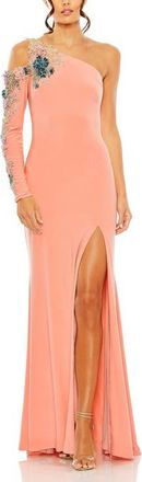 Mac Duggal One Shoulder Long Sleeve Floral Embellished Gown in Peach Multi at Nordstrom, Size 2