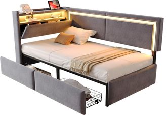 STILVORA Cama Div&aacute;n 90 X 200 Cm De Terciopelo Con 2 Cajones, Estantes, Cojines, Puerto Usb Y Led, Sin Colch&oacute;n, Gris