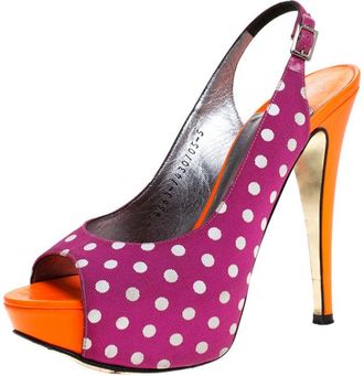 Gina Purple/orange Polka Dot Fabric And Patent Open Toe Slingback Sandals