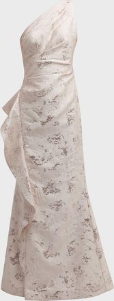 Teri Jon Metallic Jacquard One-Shoulder Side-Ruffle Gown
