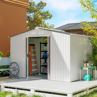 OUTSUNNY Garden Shed Storage Unit w/ Locking Door Floor Foundation Vent in Silver