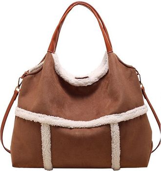 Generic Women Suede Tote Shoulder Bag, Large Tote Bag for Women Suede Crossbody Shoulder Purse, Large Handbag with Faux Lamb Wool Lined (Brown)